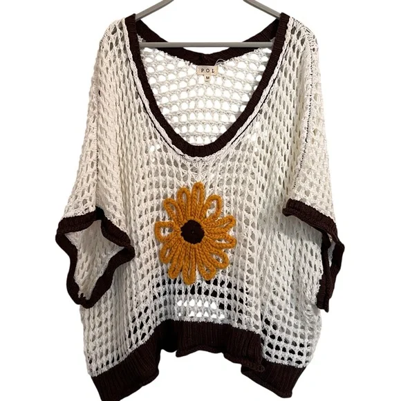 POL Crochet Flower Knit sweater Top medium boxy oversized - Picture 4 of 12
